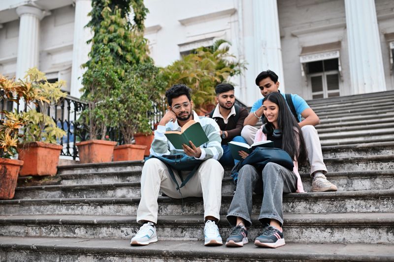 A group of university student friends sits together on the steps of the campus, engaged in studying and discussing their notes. With books in hand, they share ideas and collaborate in a relaxed, outdoor setting. The vibrant campus surroundings reflect a moment of academic focus, teamwork, and friendship among students.