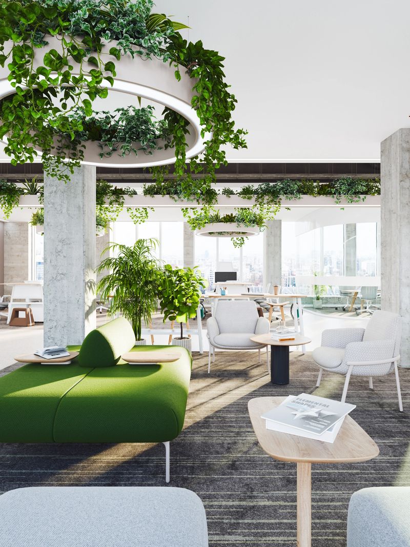 3D render of a green modern office interior. All images used are my own