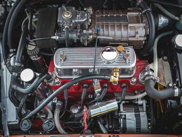 Engine, classic Mini, with supercharger and Weber 45 DCOE carburetor