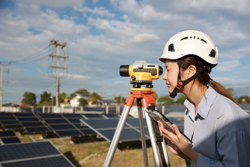 Female surveyor with leveling survey camera working at solar panel farm, green energy and  zero carbon, renewable energy