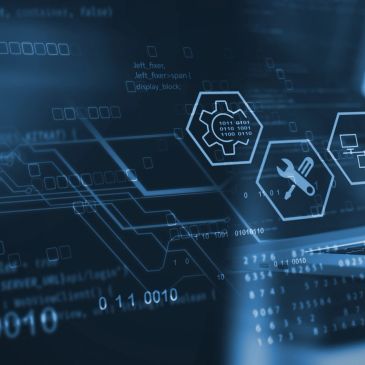 Person typing on a laptop with digital tech icons.