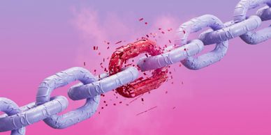 A chain link breaking with a red link shattering against a pink background.