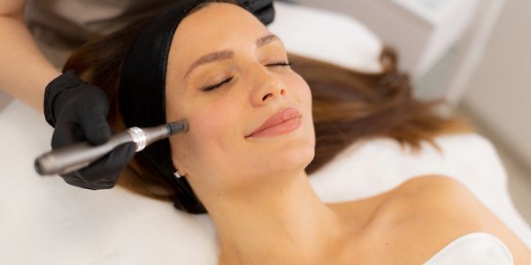 Woman enjoying a facial treatment with a handheld device at a spa.