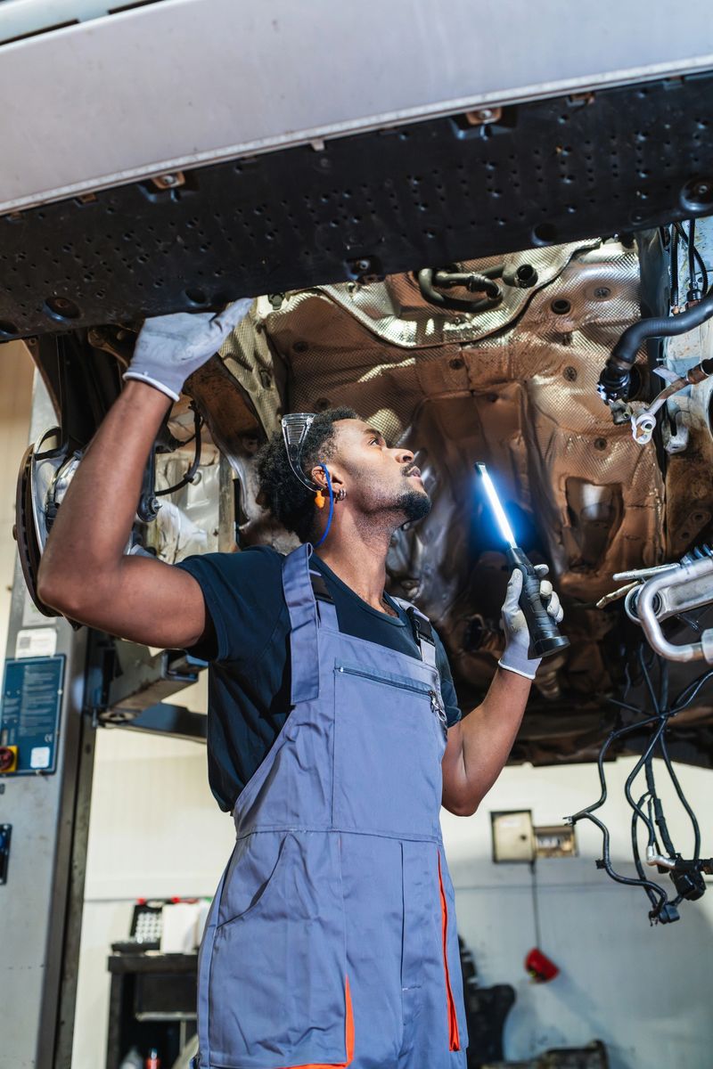 Young mechanic using flashlight while inspecting underside of car lifted on hydraulic lift in a professional auto repair shop