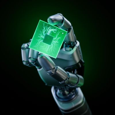 Robot hand holding a glowing green microchip with circuit patterns.