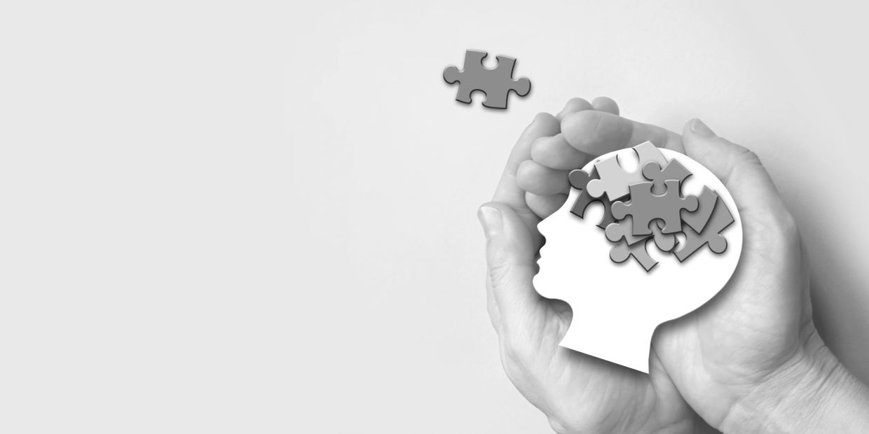 Hands holding a puzzle piece shaped like a human head.