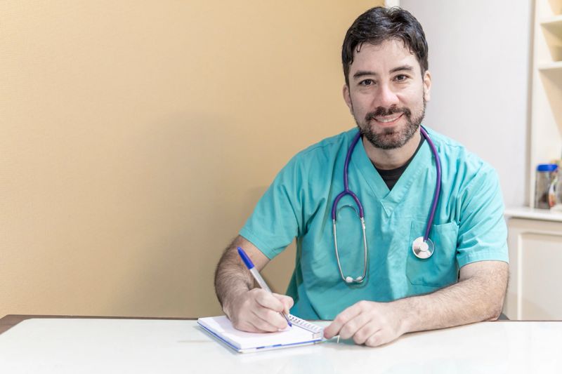 Latin doctor sitting at his desk writing a prescription
