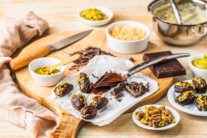 Homemade Dubai chocolate Dates and Ingredients: Dates filled with crunchy pistachio cream and covered in chocolate on wooden background