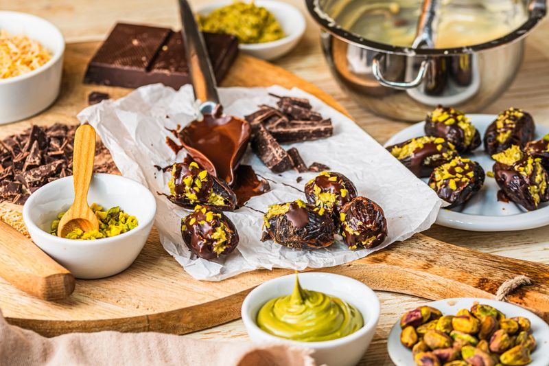 Homemade Dubai chocolate Dates and Ingredients: Dates filled with crunchy pistachio cream and covered in chocolate on wooden background