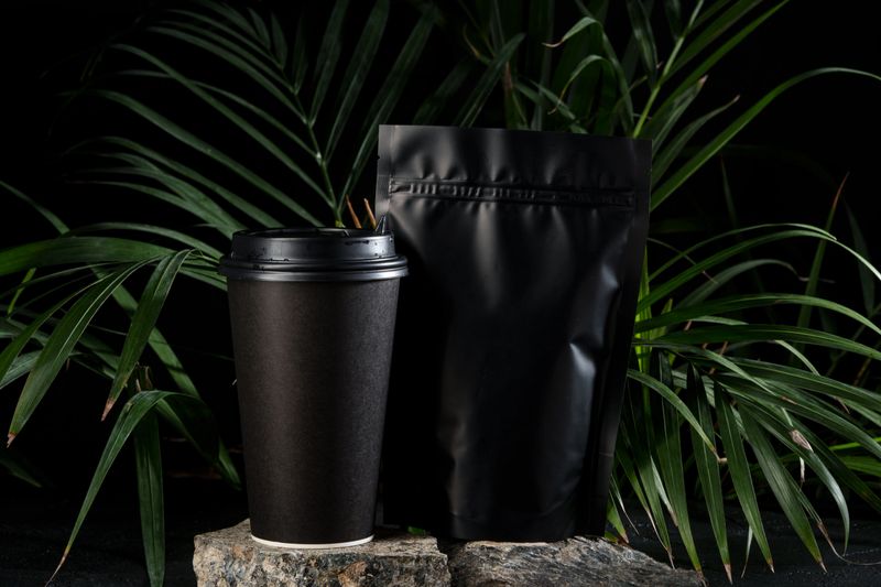A black coffee cup and sleek packaging against a backdrop of lush green leaves close up