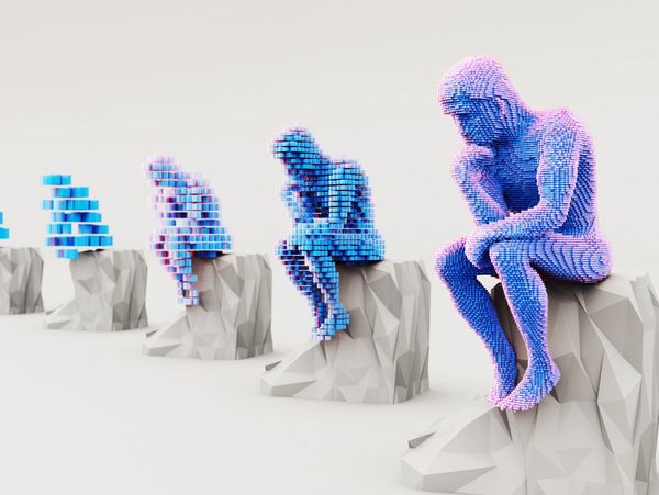 Pixelated figures in a thinking pose progressively forming on geometric rocks.