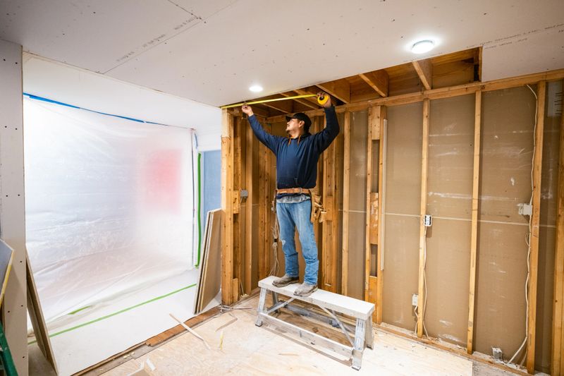 Drywall installers working in an old kitchen renovation