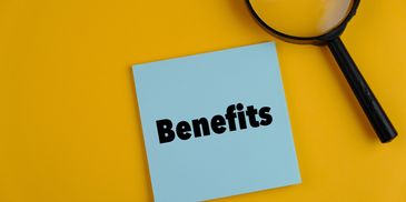 Blue card with 'Benefits' text and a magnifying glass on yellow background.