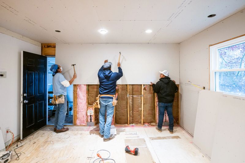 Drywall installers working in an old kitchen renovation