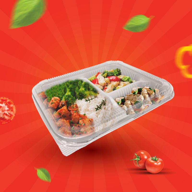 Various foods are placed in 3-compartment clear white plastic trays. placed in a red background and contains various vegetable ingredients There are both red and green vegetables, very delicious to ea