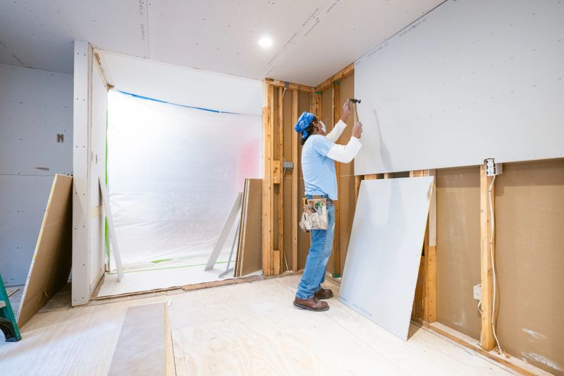 Drywall installers working in an old kitchen renovation