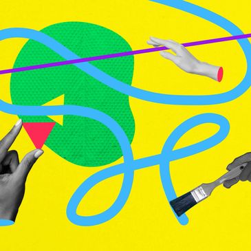 Abstract collage with disembodied hands and colorful shapes on yellow.