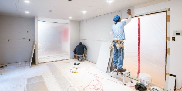 Dos trabajadores instalando paneles de yeso en una habitación.