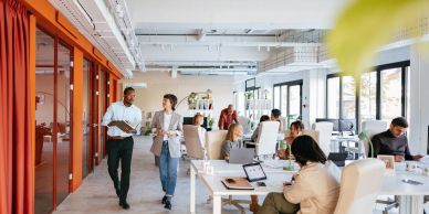 People working and collaborating in a modern office space.