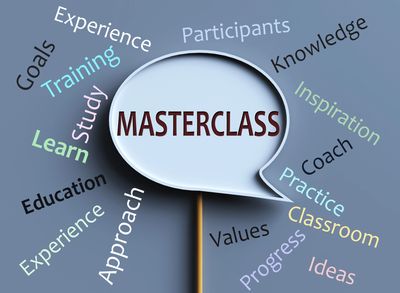 Words surrounding 'Masterclass' highlight education, learning, and growth concepts.