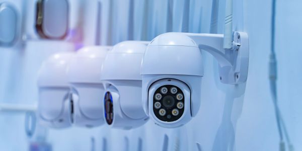 Row of white security cameras mounted on a wall in a tech setting.