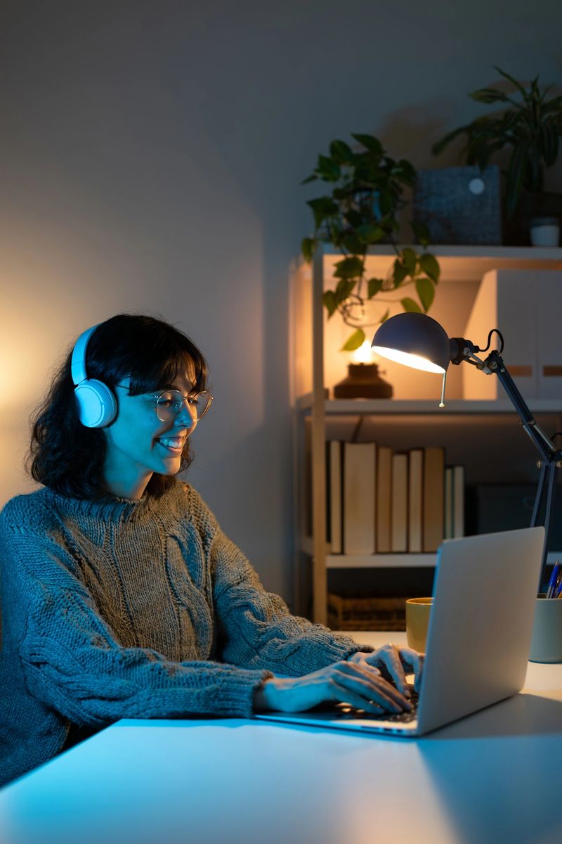 Young woman working from home at night on a laptop while wearing headphones and smiling