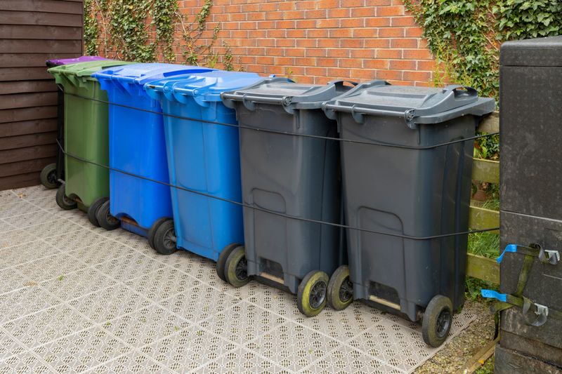 Plastic Waste Recycling Wheelie Bins lined up and secured in a UK garden storage area beside house brick wall, waiting for weekly council collection