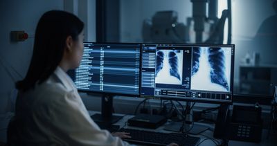 A doctor reviews chest X-ray images on dual monitors in a dimly lit medical office.