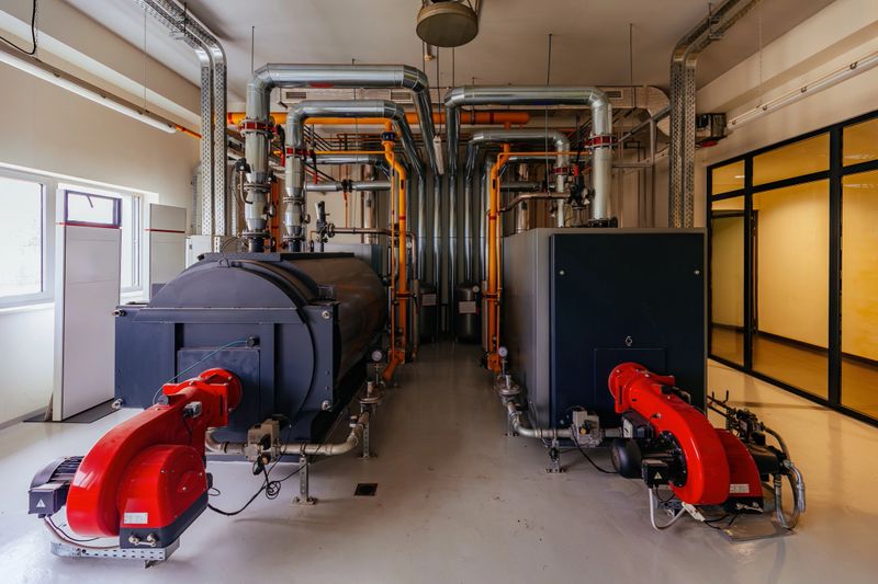 Inside the industrial boiler room. Heating equipment.