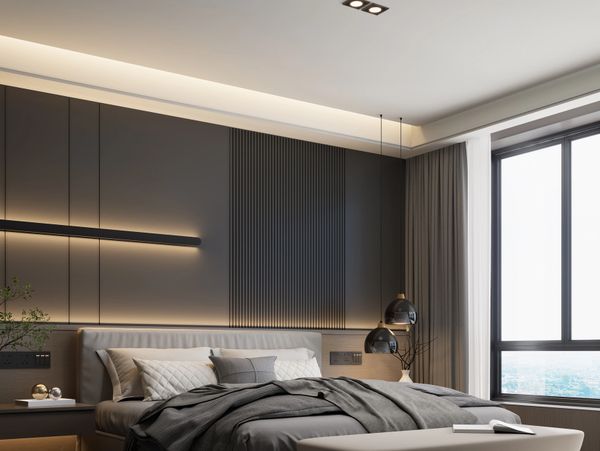 Modern bedroom with gray tones, ambient lighting, and large window view.