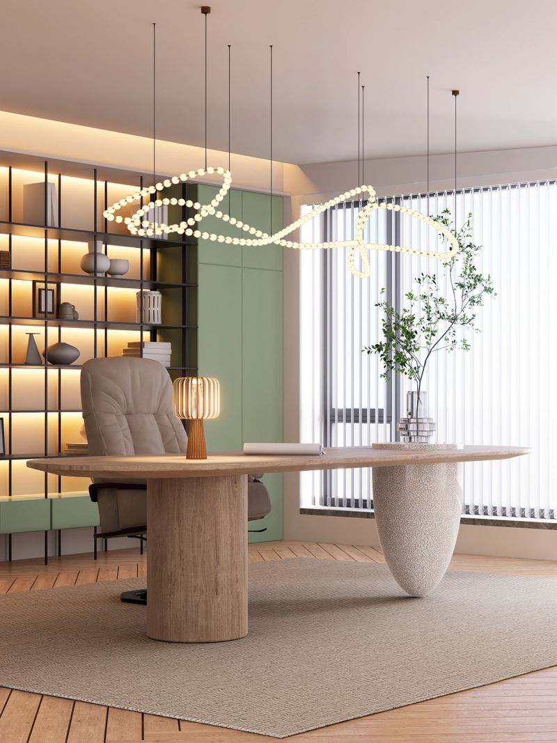 A modern office space featuring a stylish desk, ergonomic chair, decorative lighting, and natural elements, creating an inviting and productive atmosphere. 3D rendering