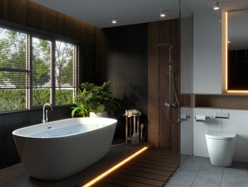 Modern bathroom with a freestanding tub and wooden accents.