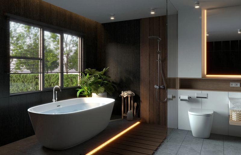 A modern bathroom with a freestanding tub, natural light, wooden accents, and stylish fixtures, creating a serene and elegant atmosphere. 3D rendering