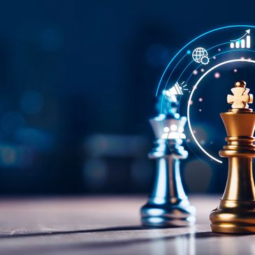 Chess pieces symbolizing strategy and business growth with digital icons.