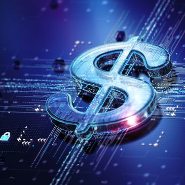 A digital dollar sign on a futuristic circuit board representing finance and technology.
