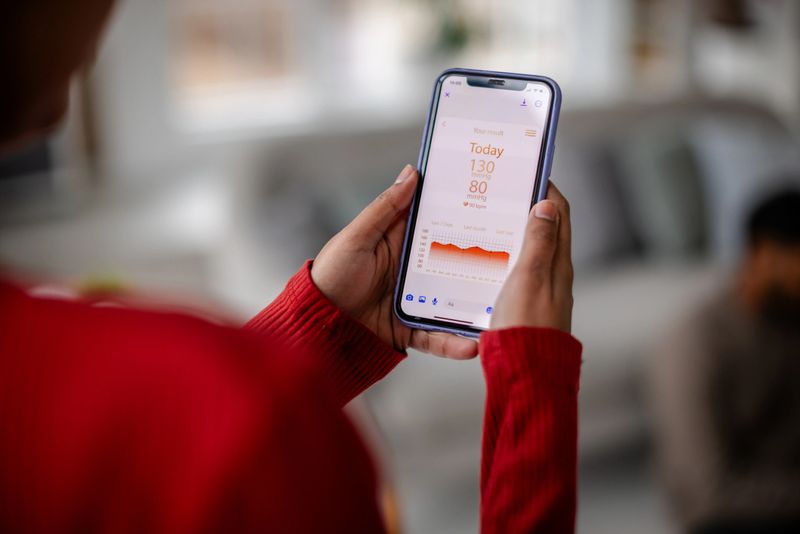 Standing in a living room, a woman checks her health statistics via a wellness app on her smartphone, underscoring the role of technology in personal health management.