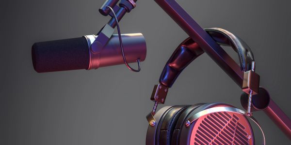 Professional microphone and headphones on an adjustable arm stand.