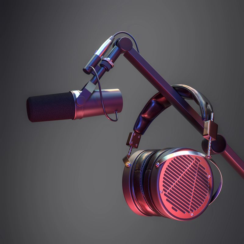 Studio headphones and microphone hanging on a boom arm, ready for recording or broadcasting