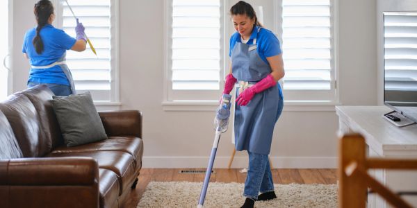 Two women cleaning a living room.