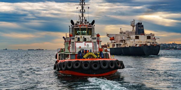 A tugboat and a cargo ship on the ocean at sunset.