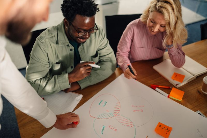 Three marketing professionals are collaborating on a venn diagram, analyzing market share and customer segments during a productive meeting in a modern office