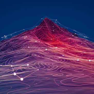 Abstract digital mountain with glowing network lines on blue background.