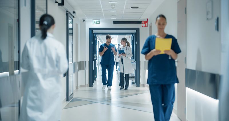 Healthcare Professionals Walking to Their Examination Rooms, Reception Desk, ICU Units in a Modern Bright Hospital Corridor. Female Doctor Showing a Young Male Surgeon Information on a Tablet