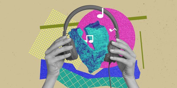 Hands holding headphones over a floating rock with musical notes and colorful abstract shapes.