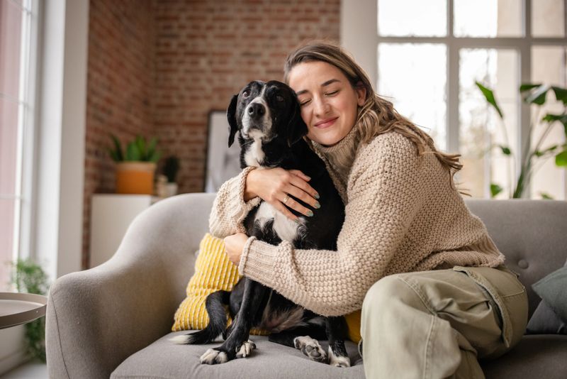 A tranquil scene features a woman and her dog sitting contentedly on a gray sofa in a plant-decorated sunlit room, showcasing warmth and serene companionship.
