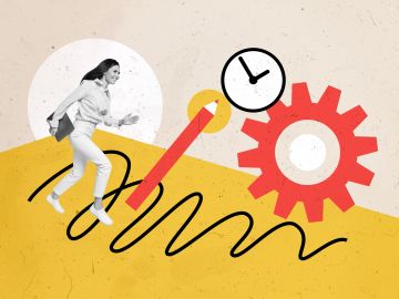 Woman running with clock and gear illustrations.