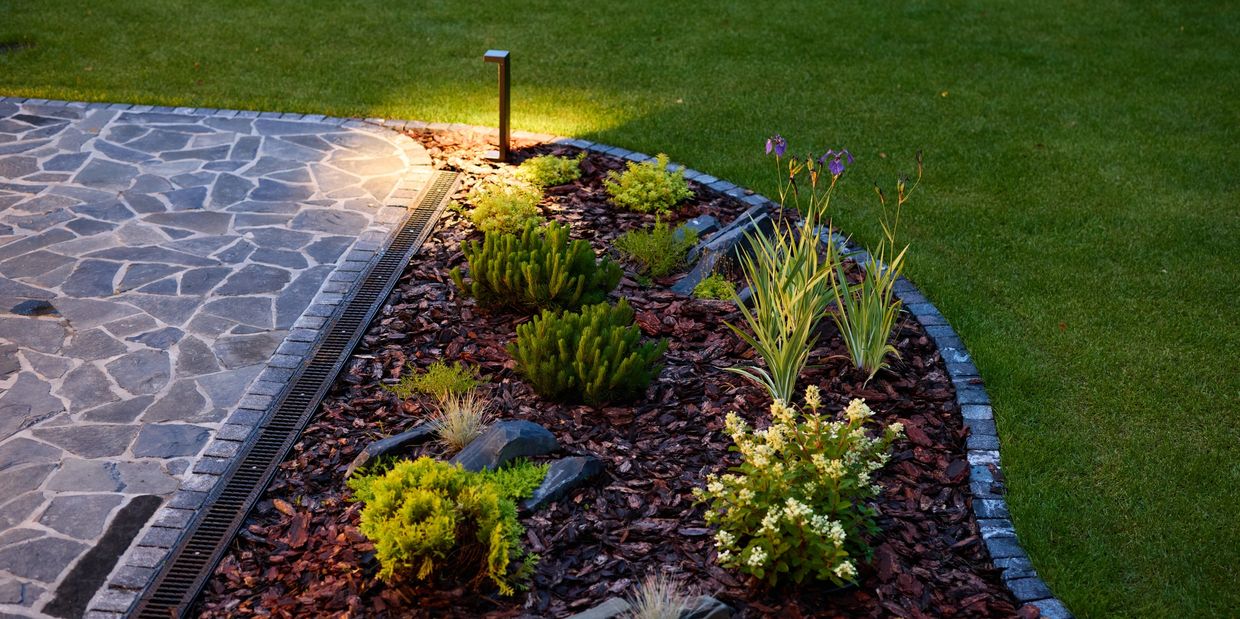 Well-maintained garden bed with various plants and a lit pathway light beside stone pavement.