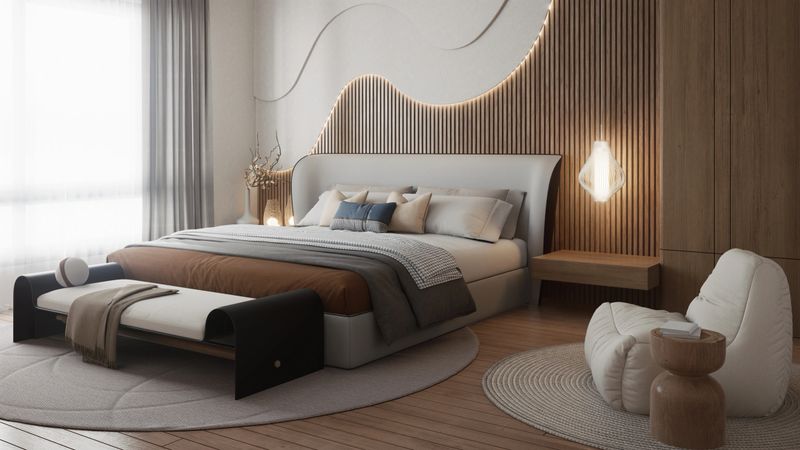 A modern bedroom with a stylish bed, warm tones, wooden accents, and soft textiles, creating a cozy and inviting atmosphere. 3D rendering