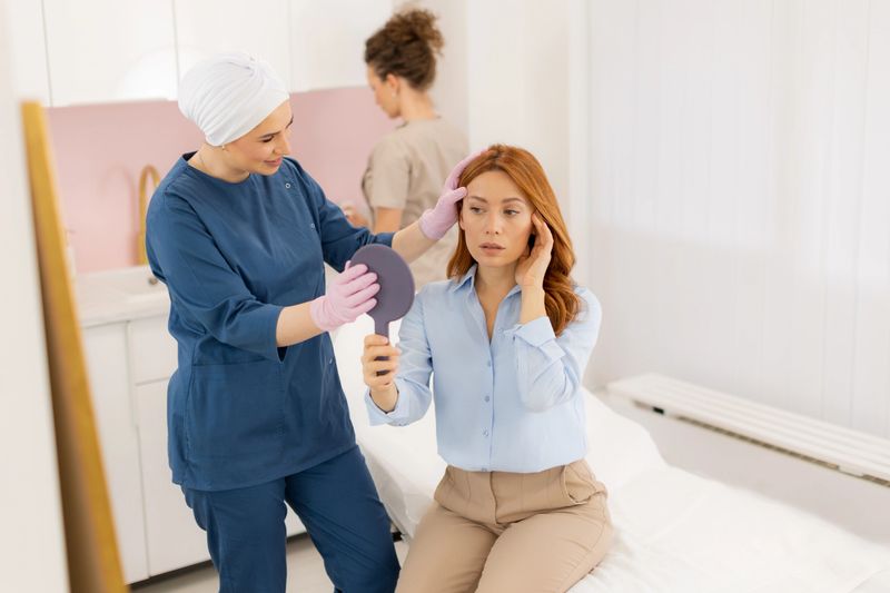 In a stylish skincare clinic, a professional provides tailored advice and treatment as a client gazes thoughtfully into a hand mirror, reflecting on her skin rejuvenation journey.
