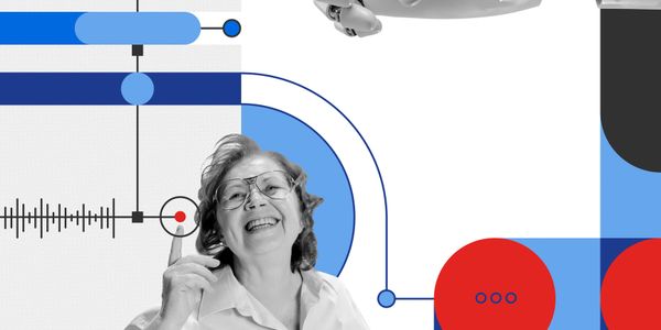A joyful elderly woman interacts with a robotic hand amid colorful tech graphics.